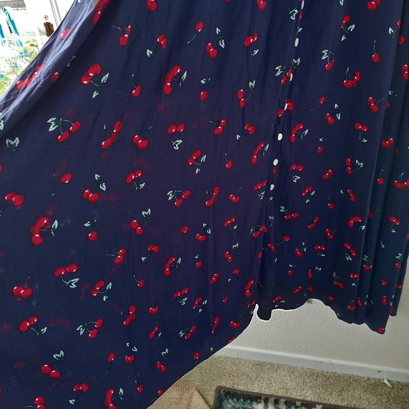 NAVY WITH WIMSICAL CHERRY PRINT MAXI / MIDI BUTTON FRONT DRESS - Picture 6 of 11